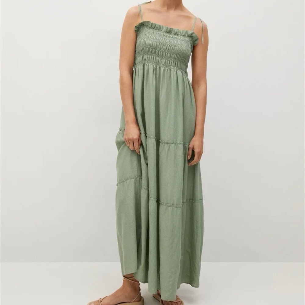 Mango Smocked Linen Maxi Dress